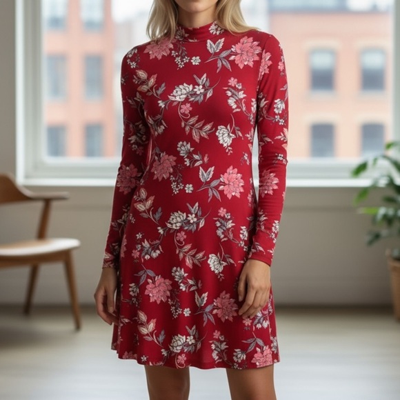 Rebel Sugar M Floral  Mock-Neck Long Sleeve Red Floral Print Dress with flare - Picture 1 of 17